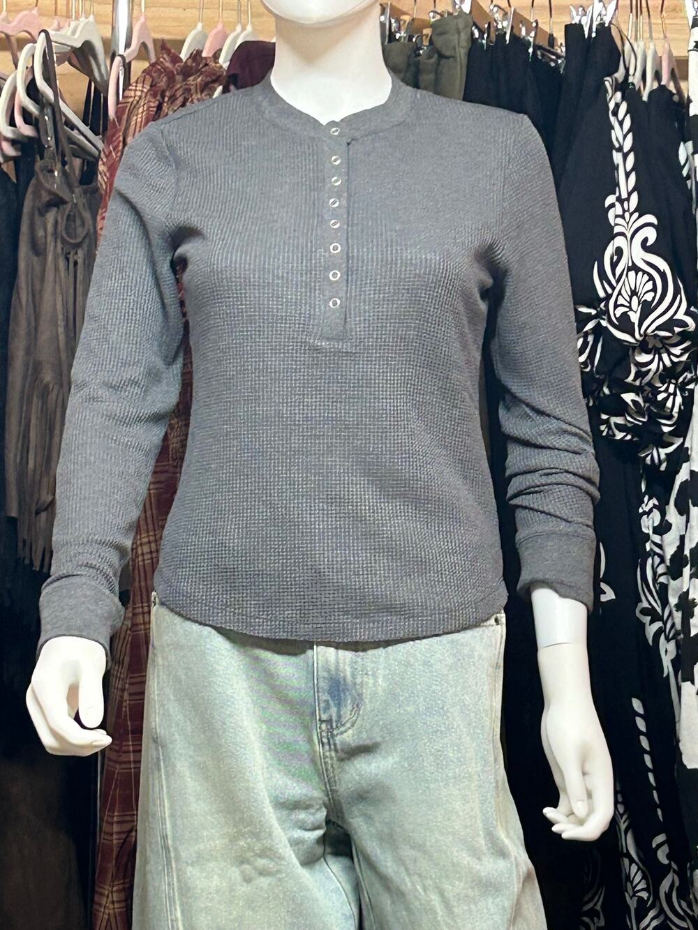 NWT Miou Muse Women’s Half Snap Button Waffle Knit Long Sleeve Henley Size S